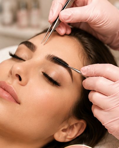 Therapist shaping an eyebrow with tweezers