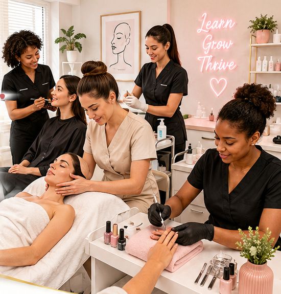Beauty therapy learners giving facial, make-up and manicure treatments in the training salon